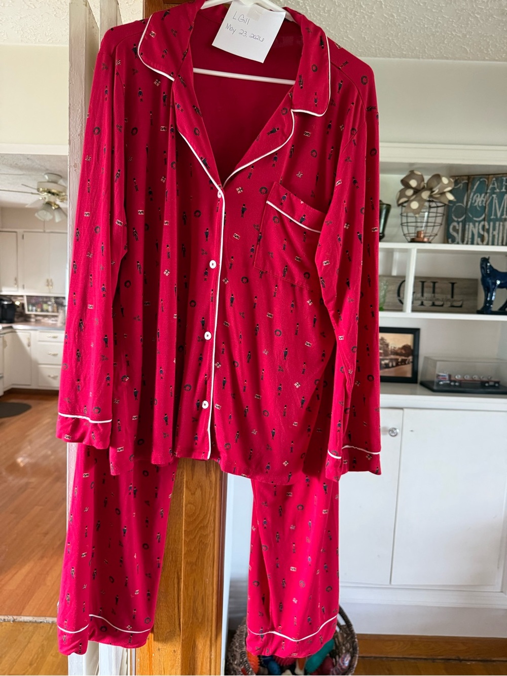 Eberjey Modal Red Printed nutcracker Pajama Set with White Piping
